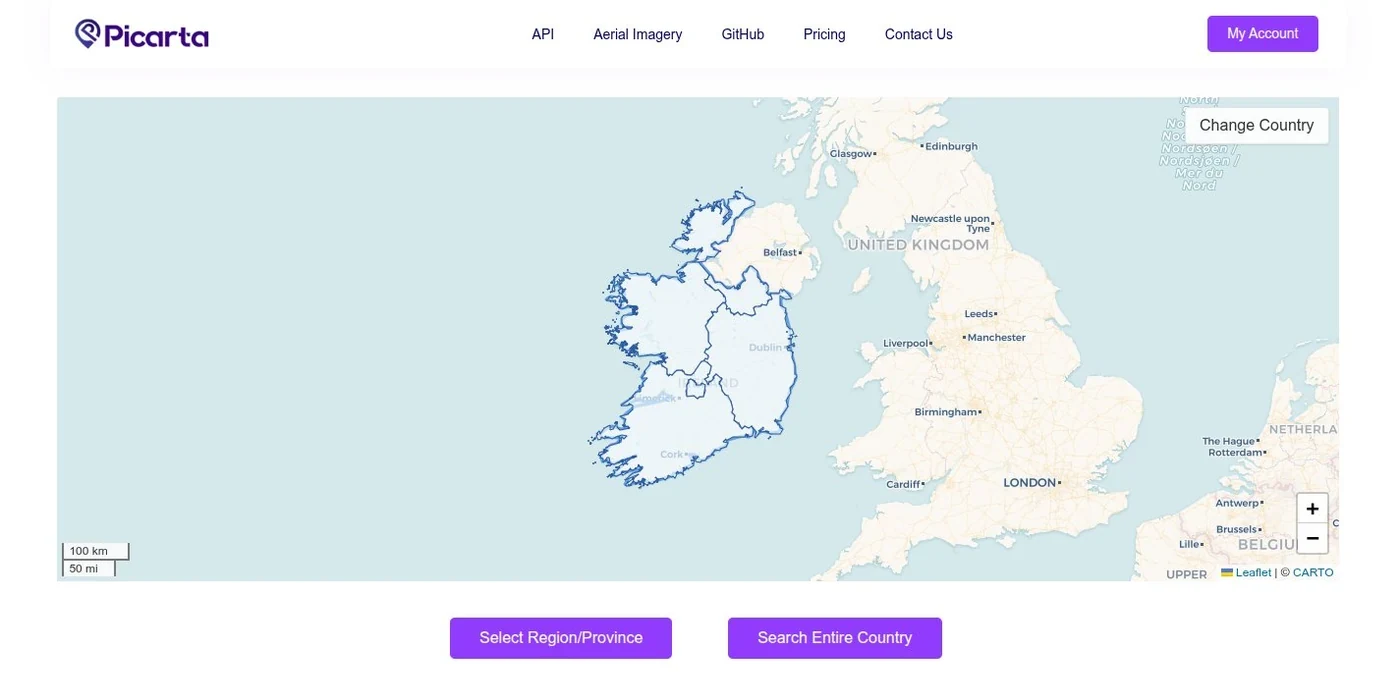 Ireland selected on the map with Select Region/Province and Search Entire Country options