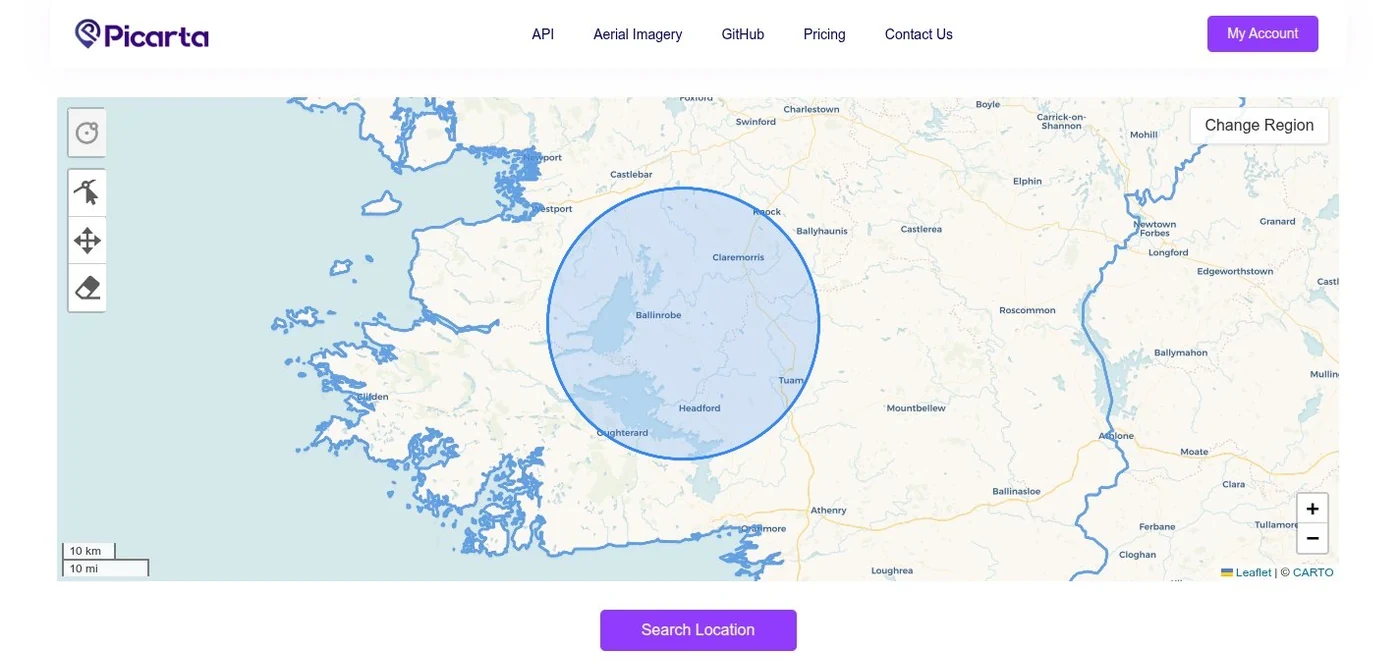 Circle drawn on the map around the Ballinrobe area with Search Location button