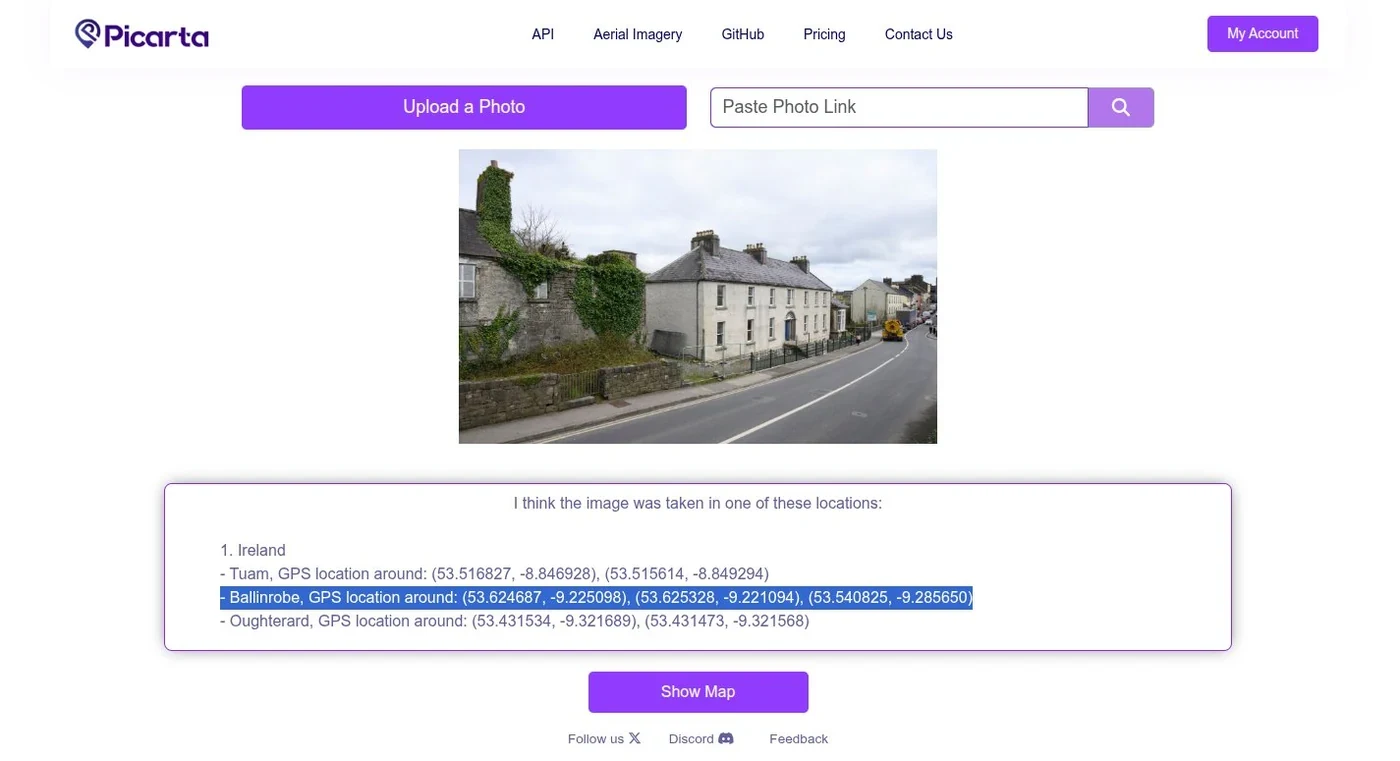 Results page showing text predictions with GPS coordinates and confidence scores - Ballinrobe highlighted in second place